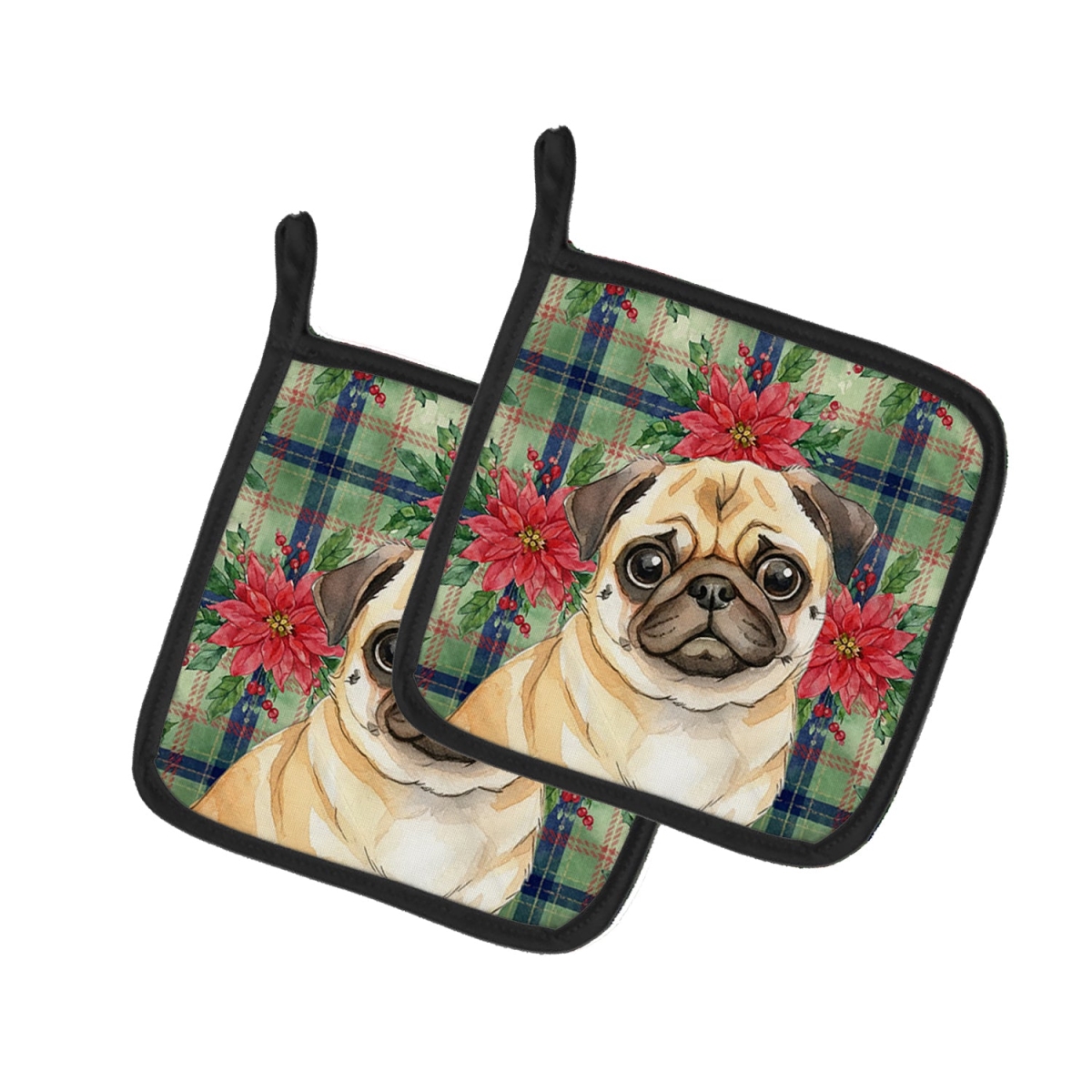 Picture of Carolines Treasures WDK8782PTHD Unisex Adult Fawn Pug Christmas Poinsettias Pot Holders - 7.5 x 7.5 in. - Set of 2