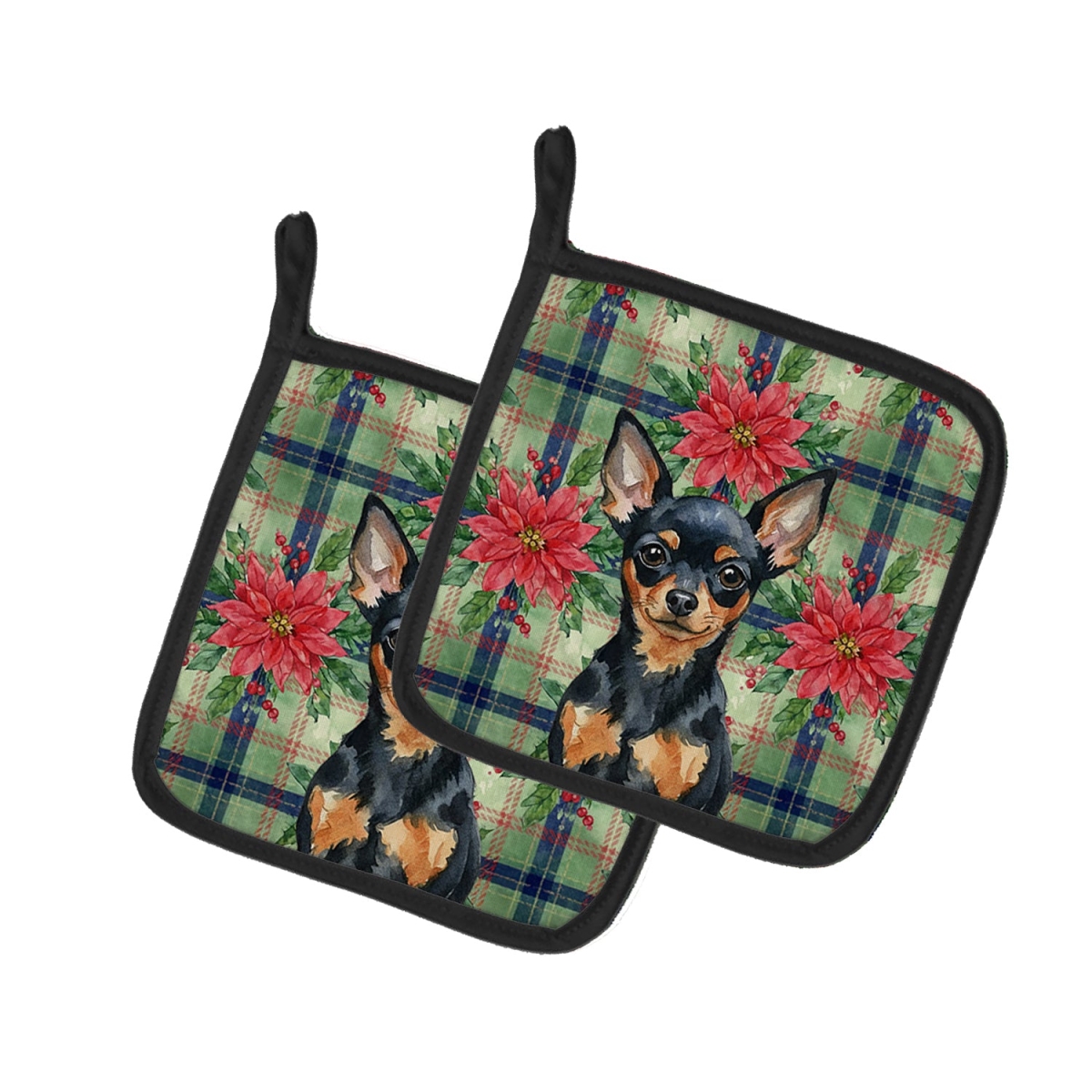 Picture of Carolines Treasures WDK8791PTHD Unisex Adult Black & Tan Russian Toy Christmas Poinsettias Pot Holders - 7.5 x 7.5 in. - Set of 2