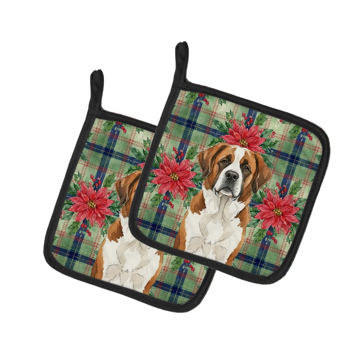 Picture of Carolines Treasures WDK8793PTHD Unisex Adult Brown & White Saint Bernard Christmas Poinsettias Pot Holders - 7.5 x 7.5 in. - Set of 2