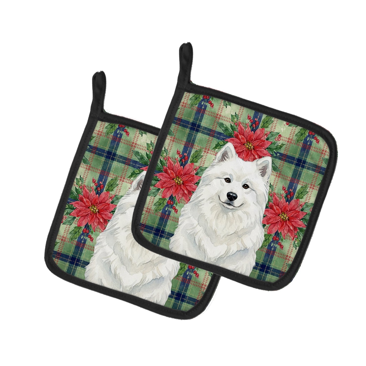 Picture of Carolines Treasures WDK8799PTHD Unisex Adult White Samoyed Christmas Poinsettias Pot Holders - 7.5 x 7.5 in. - Set of 2