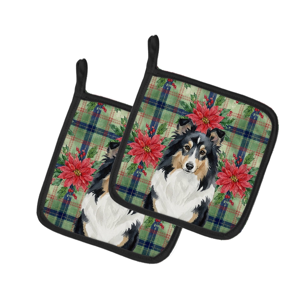 Picture of Carolines Treasures WDK8810PTHD Unisex Adult Tricolor Sheltie Christmas Poinsettias Pot Holders - 7.5 x 7.5 in. - Set of 2