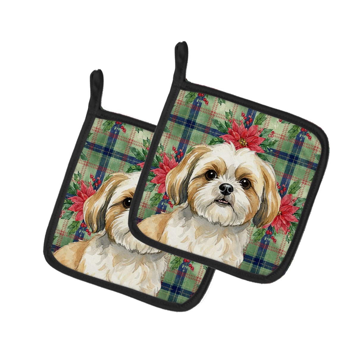 Picture of Carolines Treasures WDK8818PTHD Unisex Adult Gold & White Shih Tzu Christmas Poinsettias Pot Holders - 7.5 x 7.5 in. - Set of 2