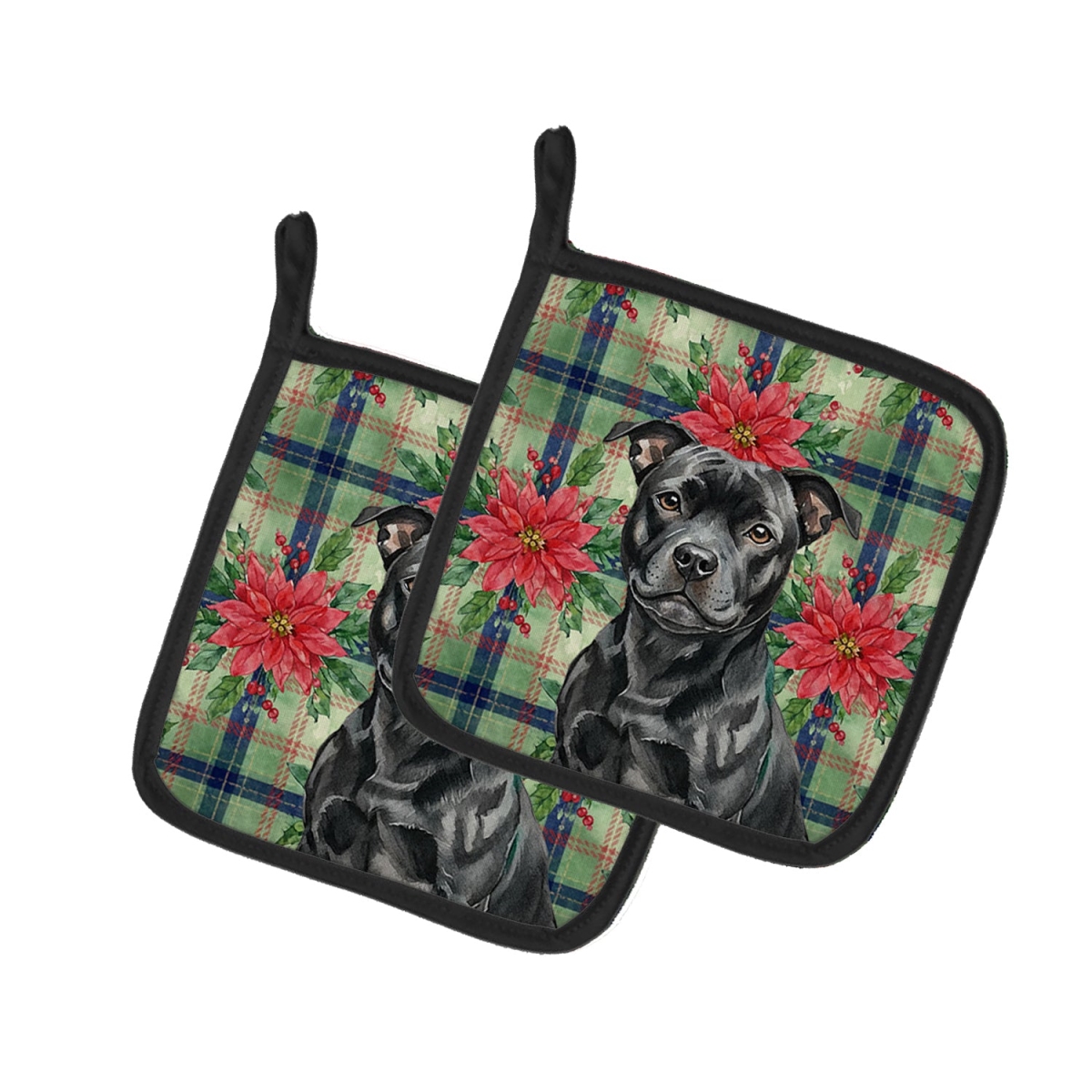 Picture of Carolines Treasures WDK8828PTHD Unisex Adult Black Staffordshire Bull Terrier Christmas Poinsettias Pot Holders - 7.5 x 7.5 in. - Set of 2