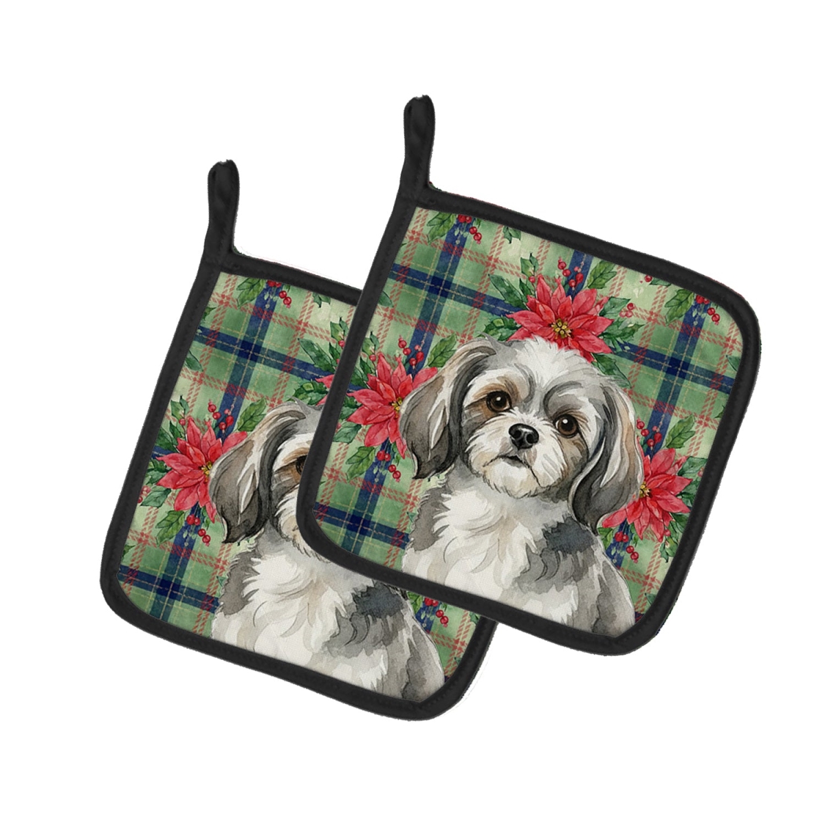 Picture of Carolines Treasures WDK8841PTHD Unisex Adult Grey & White Tibetan Spaniel Christmas Poinsettias Pot Holders - 7.5 x 7.5 in. - Set of 2