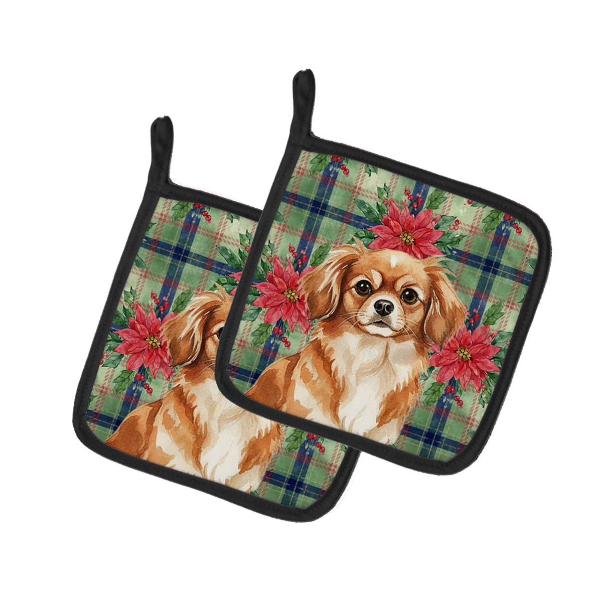 Picture of Carolines Treasures WDK8842PTHD Unisex Adult Red Tibetan Spaniel Christmas Poinsettias Pot Holders - 7.5 x 7.5 in. - Set of 2