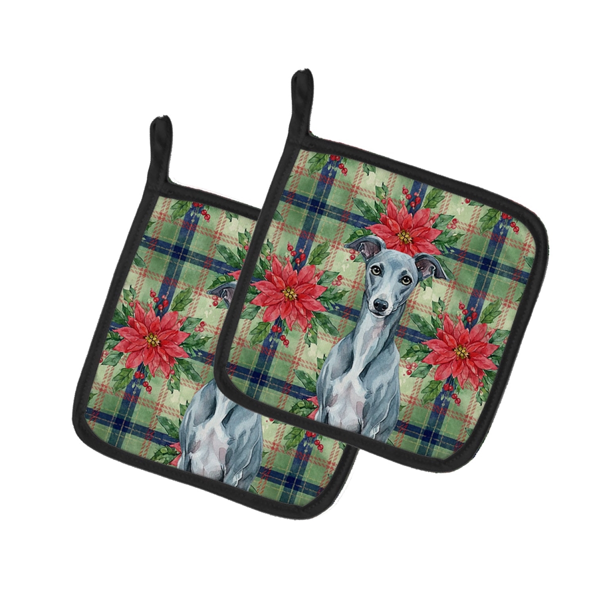 Picture of Carolines Treasures WDK8852PTHD Unisex Adult Blue Whippet Christmas Poinsettias Pot Holders - 7.5 x 7.5 in. - Set of 2