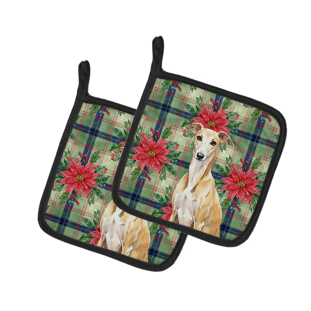 Picture of Carolines Treasures WDK8854PTHD Unisex Adult Fawn Whippet Christmas Poinsettias Pot Holders - 7.5 x 7.5 in. - Set of 2