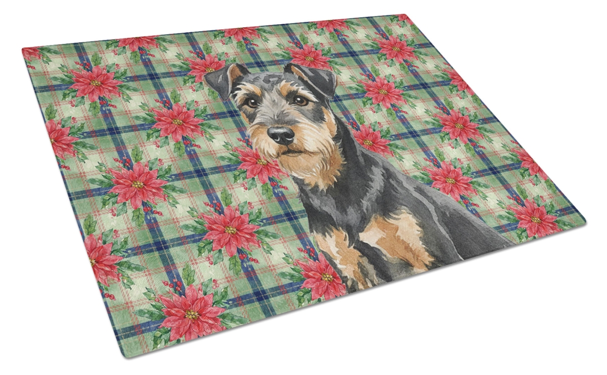Picture of Carolines Treasures WDK8696LCB Unisex Adult Black & Tan Lakeland Terrier Christmas Poinsettias Glass Cutting Board - 15 x 12 in.