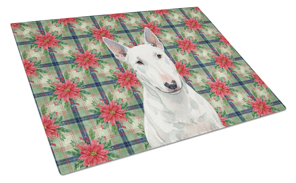 Picture of Carolines Treasures WDK8713LCB Unisex Adult White Miniature Bull Terrier Christmas Poinsettias Glass Cutting Board - 15 x 12 in.