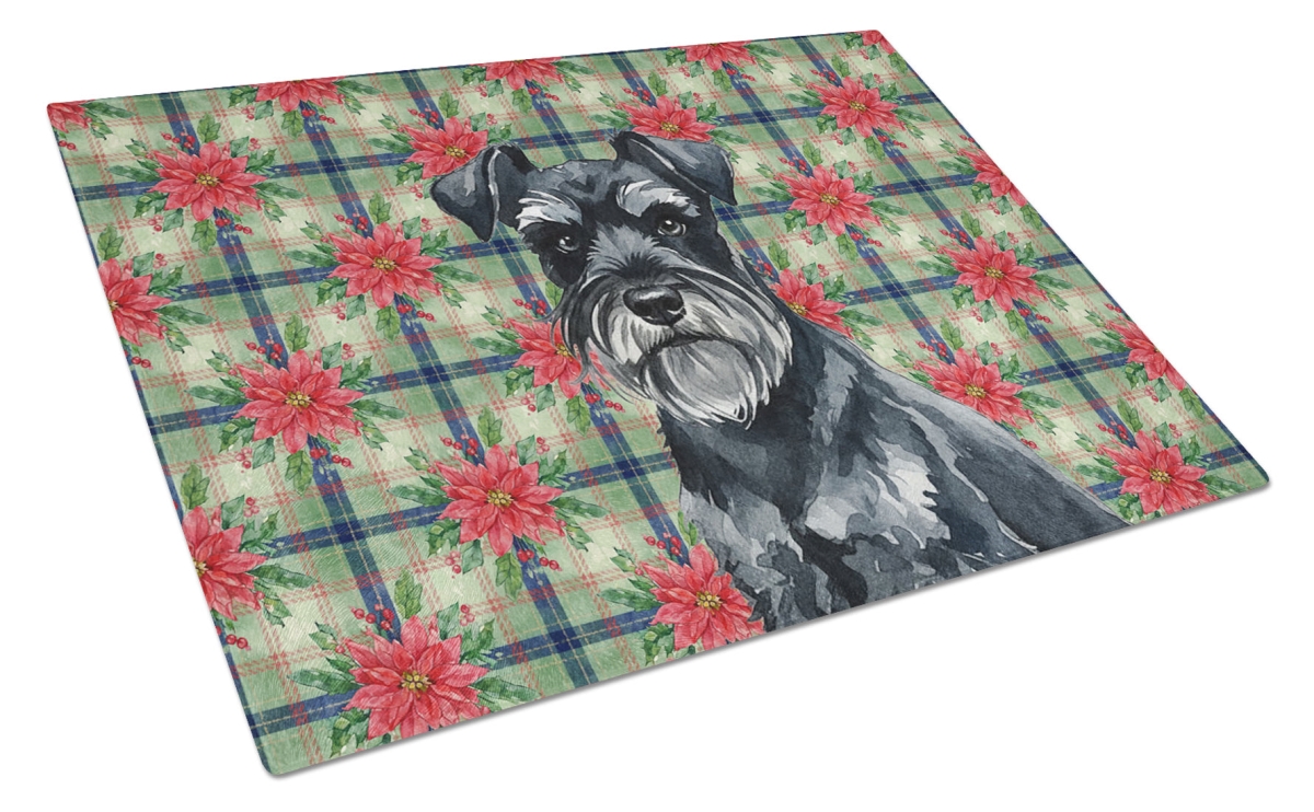Picture of Carolines Treasures WDK8718LCB Unisex Adult Black Miniature Schnauzer Christmas Poinsettias Glass Cutting Board - 15 x 12 in.