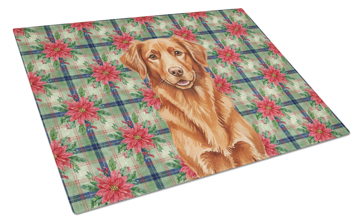 Picture of Carolines Treasures WDK8734LCB Unisex Adult Copper Nova Scotia Duck Tolling Retriever Christmas Poinsettias Glass Cutting Board - 15 x 12 in.