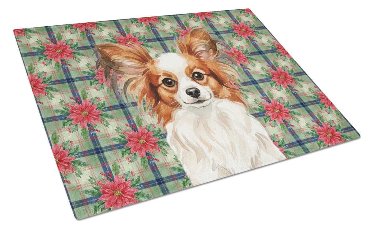 Picture of Carolines Treasures WDK8744LCB Unisex Adult White with Red Papillon Christmas Poinsettias Glass Cutting Board - 15 x 12 in.