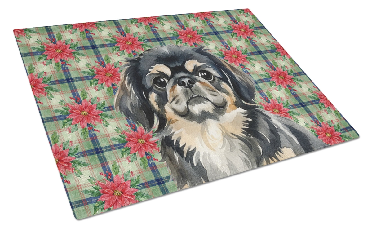 Picture of Carolines Treasures WDK8747LCB Unisex Adult Black & Tan Pekingese Christmas Poinsettias Glass Cutting Board - 15 x 12 in.