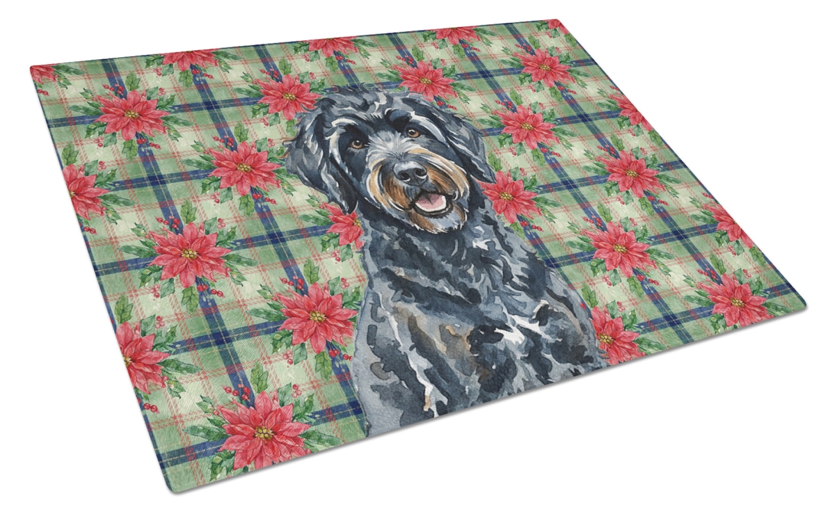 Picture of Carolines Treasures WDK8779LCB Unisex Adult Black Portuguese Water Dog Christmas Poinsettias Glass Cutting Board - 15 x 12 in.