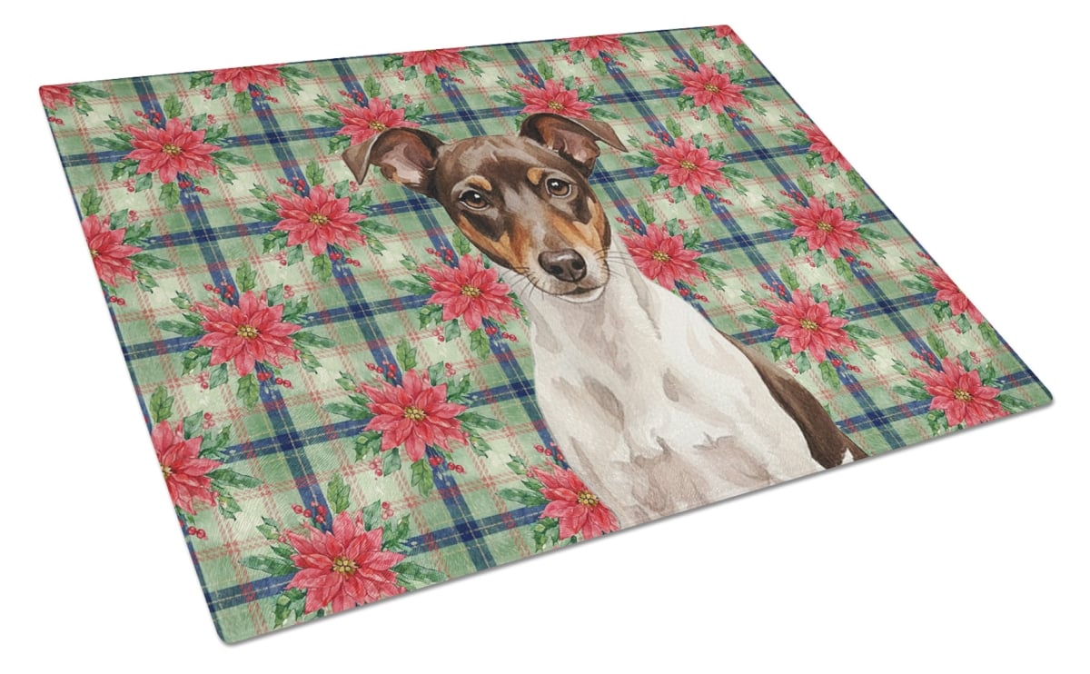 Picture of Carolines Treasures WDK8784LCB Unisex Adult Chocolate & White Rat Terrier Christmas Poinsettias Glass Cutting Board - 15 x 12 in.