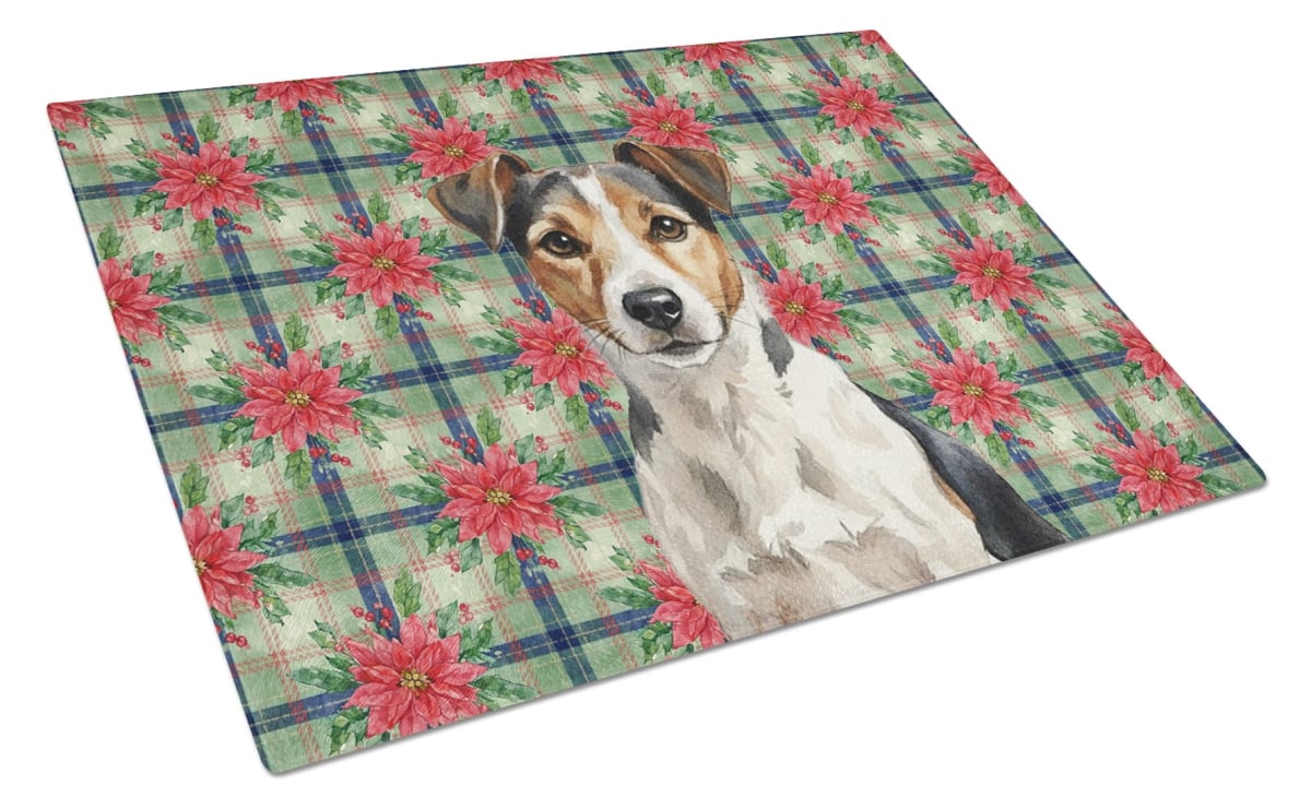 Picture of Carolines Treasures WDK8788LCB Unisex Adult Tricolor Russell Terrier Christmas Poinsettias Glass Cutting Board - 15 x 12 in.
