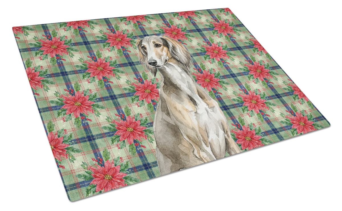 Picture of Carolines Treasures WDK8796LCB Unisex Adult Grizzle Saluki Christmas Poinsettias Glass Cutting Board - 15 x 12 in.