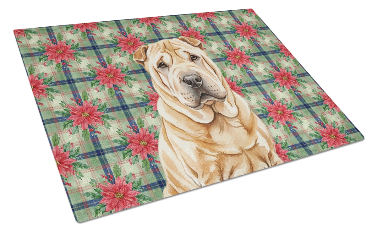Picture of Carolines Treasures WDK8809LCB Unisex Adult Red Shar Pei Christmas Poinsettias Glass Cutting Board - 15 x 12 in.