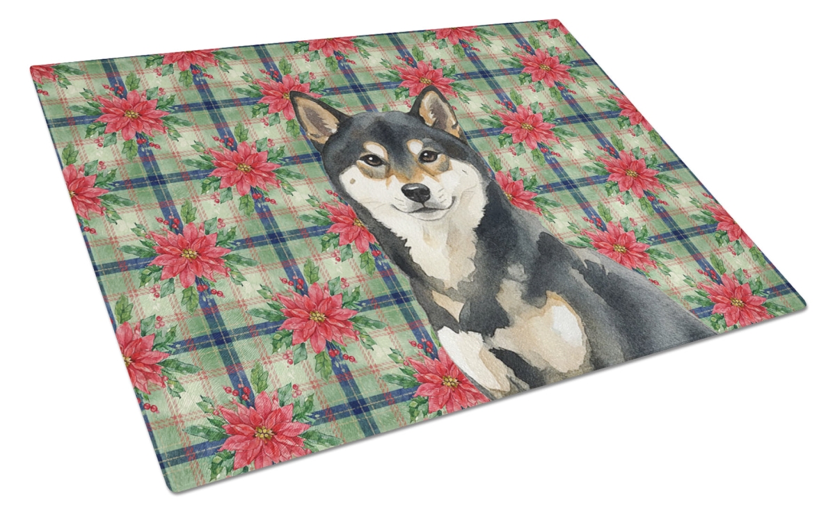Picture of Carolines Treasures WDK8813LCB Unisex Adult Black & Tan Shiba Inu Christmas Poinsettias Glass Cutting Board - 15 x 12 in.
