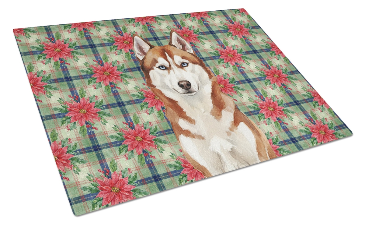 Picture of Carolines Treasures WDK8822LCB Unisex Adult Red & White Siberian Husky Christmas Poinsettias Glass Cutting Board - 15 x 12 in.