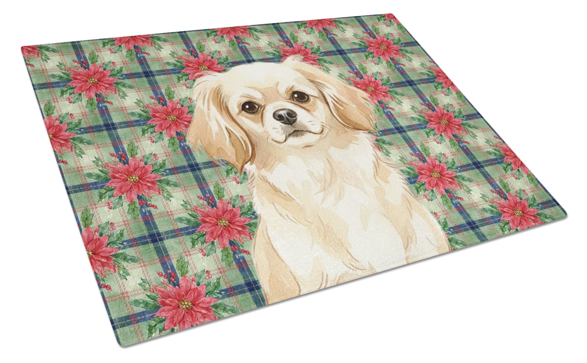 Picture of Carolines Treasures WDK8839LCB Unisex Adult Cream Tibetan Spaniel Christmas Poinsettias Glass Cutting Board - 15 x 12 in.
