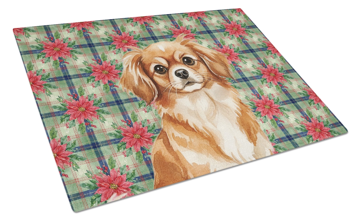 Picture of Carolines Treasures WDK8842LCB Unisex Adult Red Tibetan Spaniel Christmas Poinsettias Glass Cutting Board - 15 x 12 in.
