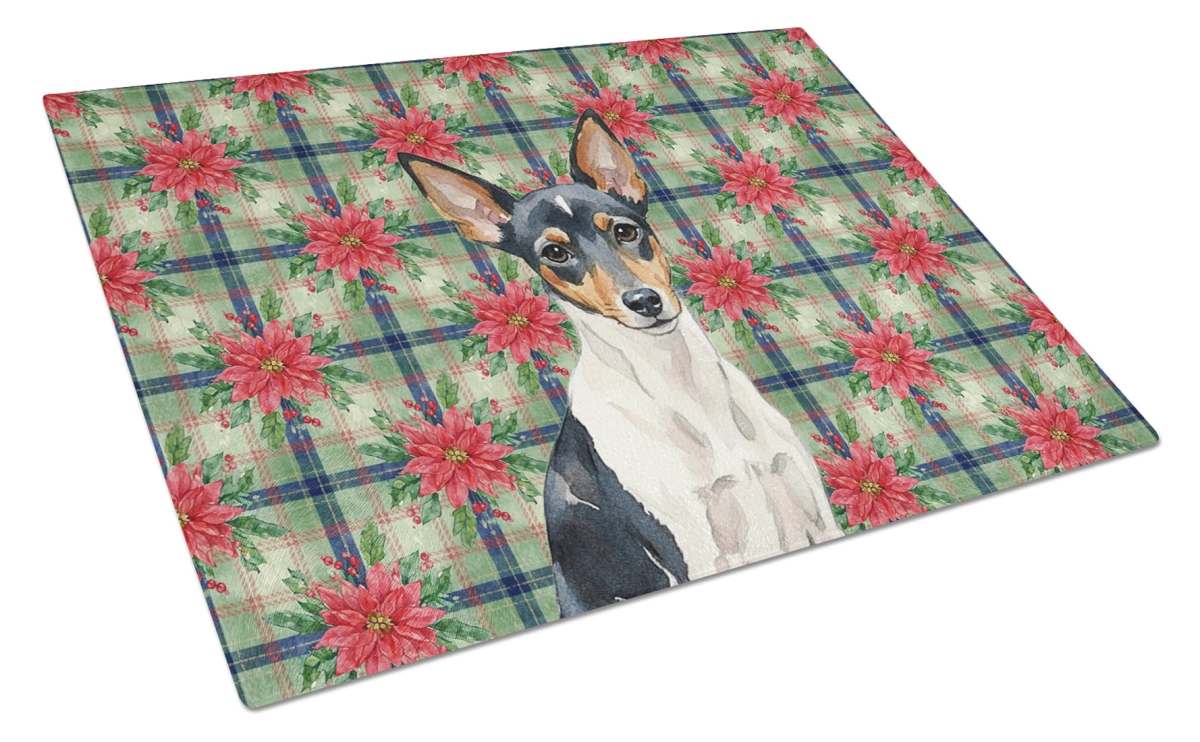 Picture of Carolines Treasures WDK8845LCB Unisex Adult Toy Fox Terrier Christmas Poinsettias Glass Cutting Board - 15 x 12 in.