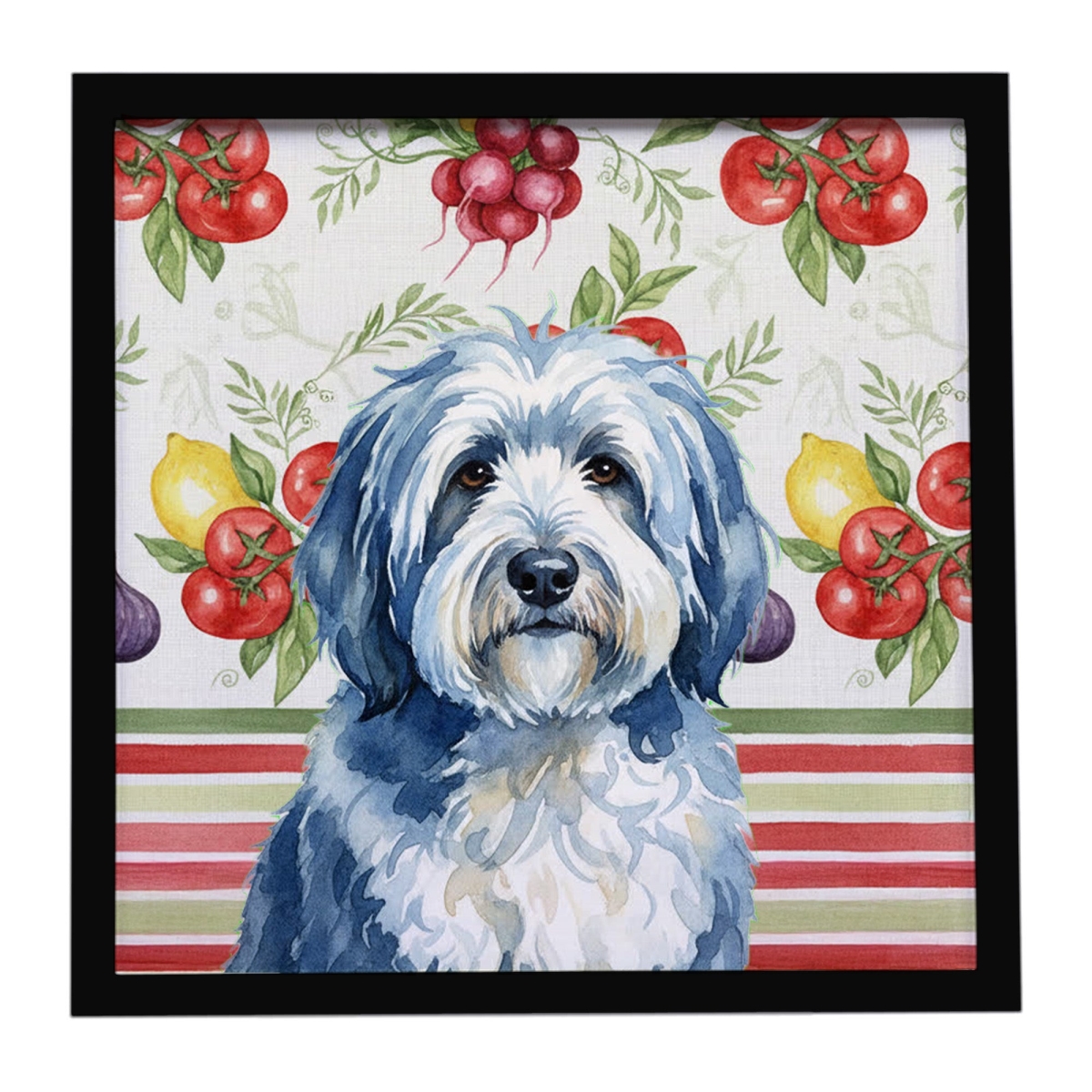 WDK8336MFP88 Unisex Blue & White Old English Sheepdog Vegetables Framed Metal Print - 8 x 8 in.