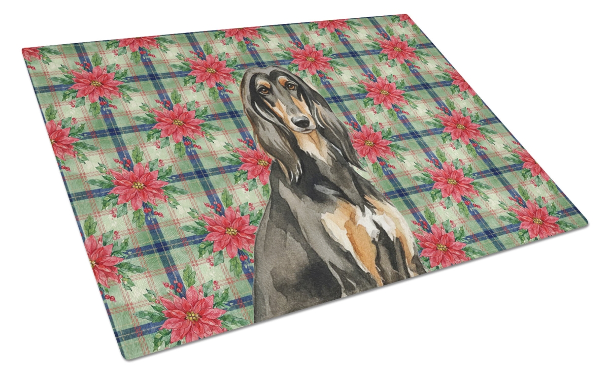 Picture of Carolines Treasures WDK8465LCB Unisex Adult Black & Tan Afghan Hound Christmas Poinsettias Glass Cutting Board - 15 x 12 in.