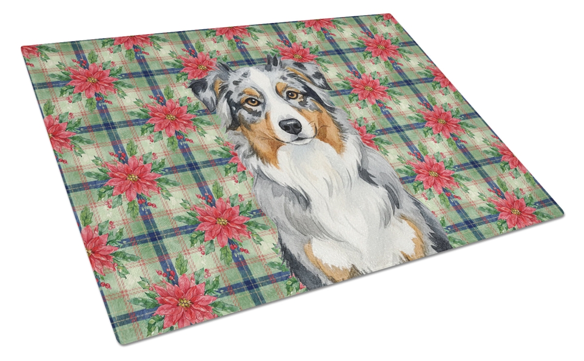 Picture of Carolines Treasures WDK8490LCB Unisex Adult Blue Merle Australian Shepherd Christmas Poinsettias Glass Cutting Board - 15 x 12 in.