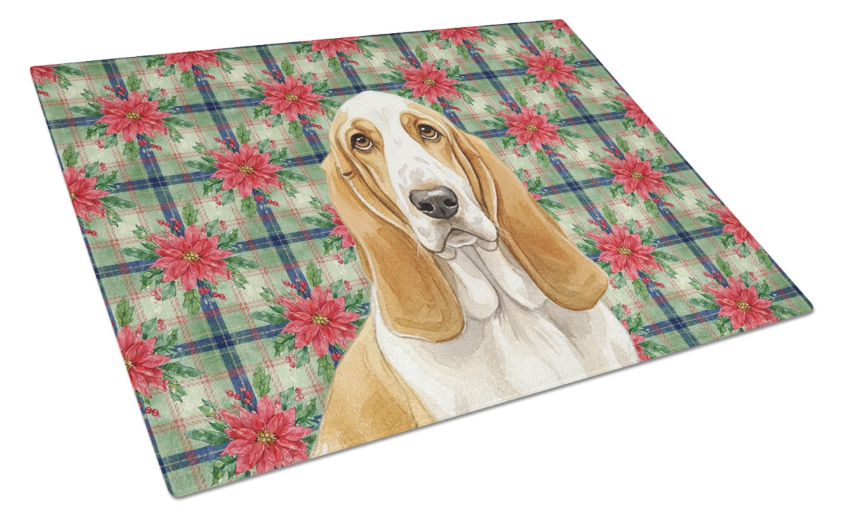 Picture of Carolines Treasures WDK8496LCB Unisex Adult Lemon & White Basset Hound Christmas Poinsettias Glass Cutting Board - 15 x 12 in.