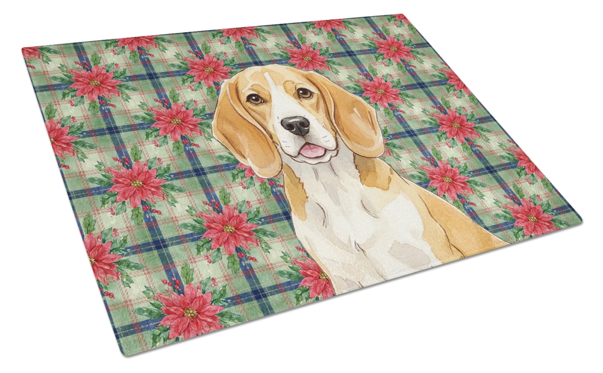Picture of Carolines Treasures WDK8500LCB Unisex Adult Lemon & White Beagle Christmas Poinsettias Glass Cutting Board - 15 x 12 in.