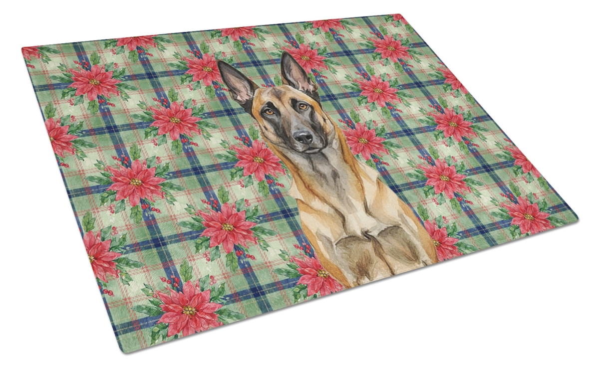 Picture of Carolines Treasures WDK8508LCB Unisex Adult Belgian Malinois Christmas Poinsettias Glass Cutting Board - 15 x 12 in.