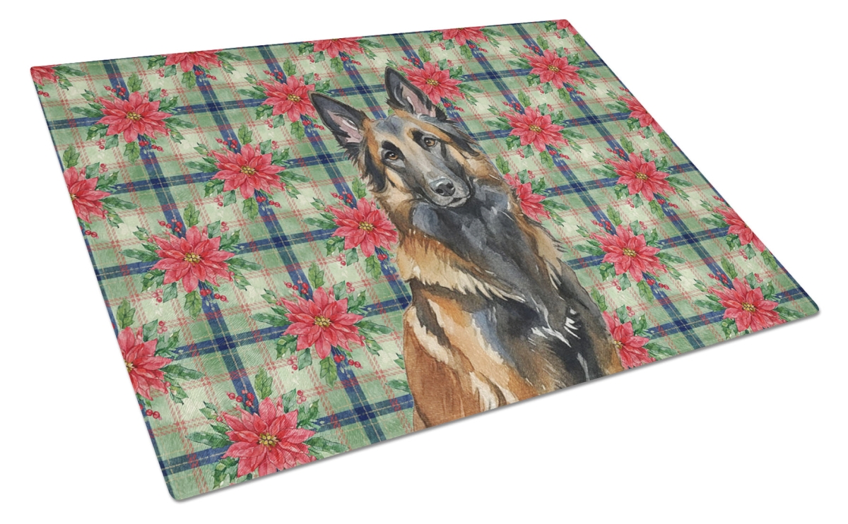 Picture of Carolines Treasures WDK8511LCB Unisex Adult Belgian Tervuren Christmas Poinsettias Glass Cutting Board - 15 x 12 in.