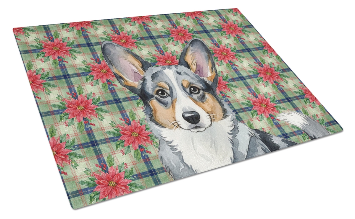 Picture of Carolines Treasures WDK8559LCB Unisex Adult Blue Merle Cardigan Welsh Corgi Christmas Poinsettias Glass Cutting Board - 15 x 12 in.