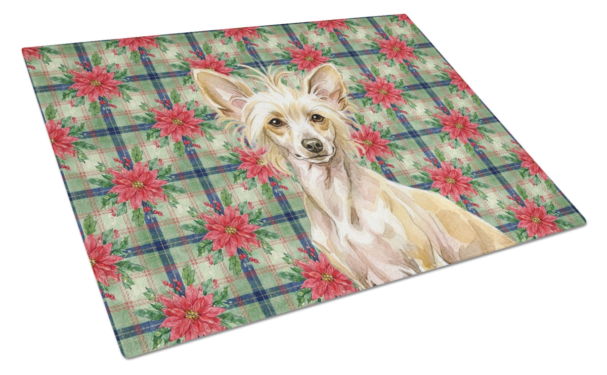 Picture of Carolines Treasures WDK8575LCB Unisex Adult Hairless Palomino Chinese Crested Christmas Poinsettias Glass Cutting Board - 15 x 12 in.