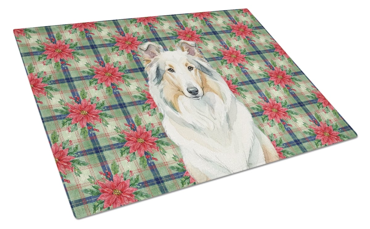 Picture of Carolines Treasures WDK8588LCB Unisex Adult White Collie Christmas Poinsettias Glass Cutting Board - 15 x 12 in.