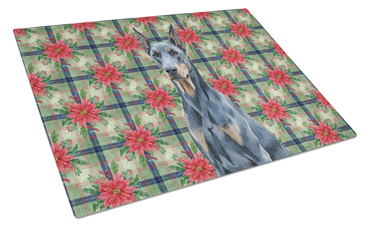 Picture of Carolines Treasures WDK8606LCB Unisex Adult Blue Doberman Pinscher Christmas Poinsettias Glass Cutting Board - 15 x 12 in.