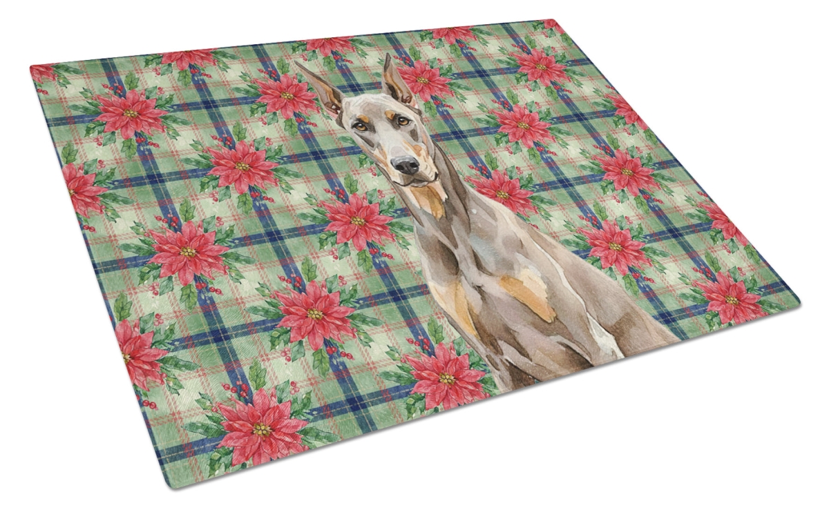 Picture of Carolines Treasures WDK8608LCB Unisex Adult Fawn Doberman Pinscher Christmas Poinsettias Glass Cutting Board - 15 x 12 in.