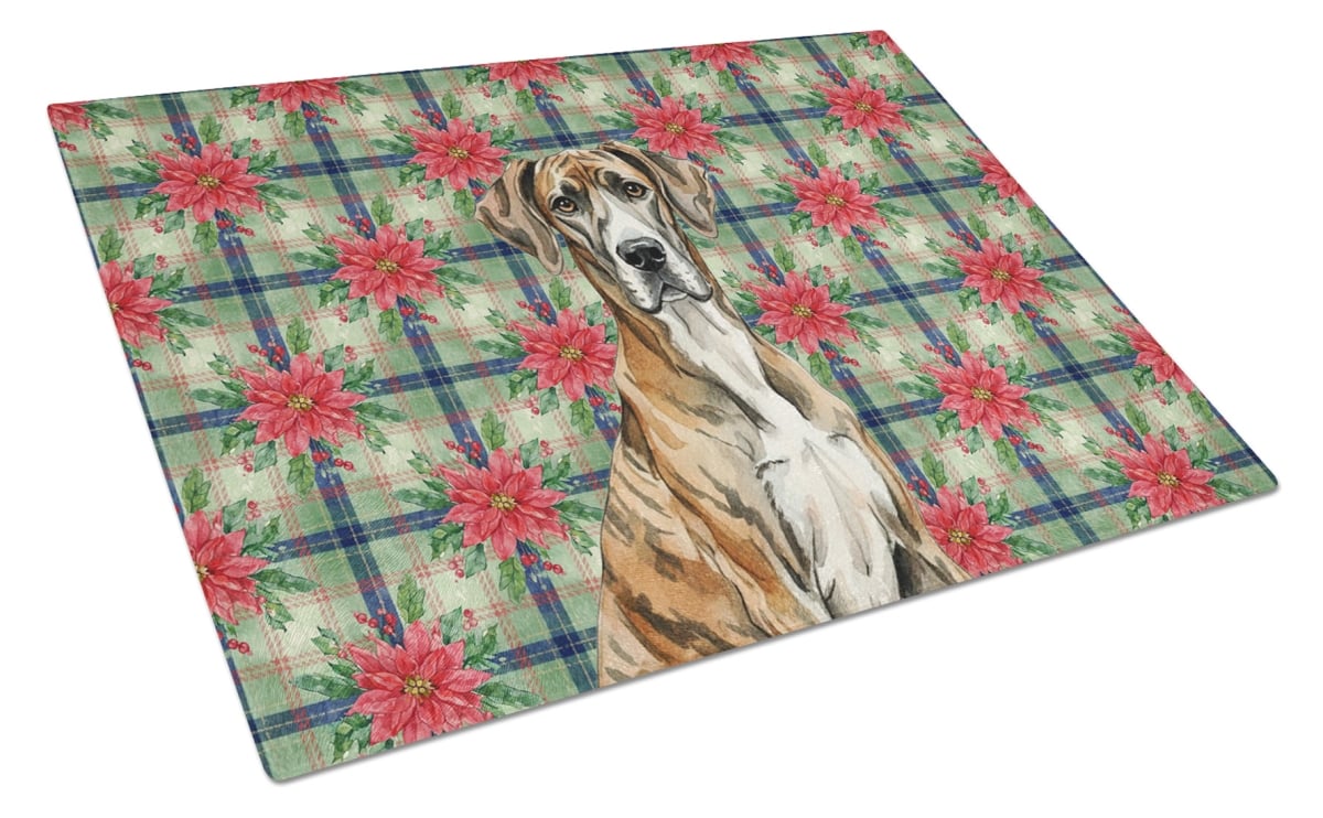 Picture of Carolines Treasures WDK8655LCB Unisex Adult Brindle Great Dane Christmas Poinsettias Glass Cutting Board - 15 x 12 in.