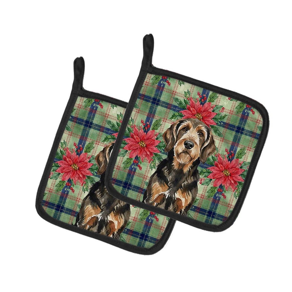 Picture of Carolines Treasures WDK8738PTHD Unisex Adult Black & Tan Otterhound Christmas Poinsettias Pot Holders - 7.5 x 7.5 in. - Set of 2