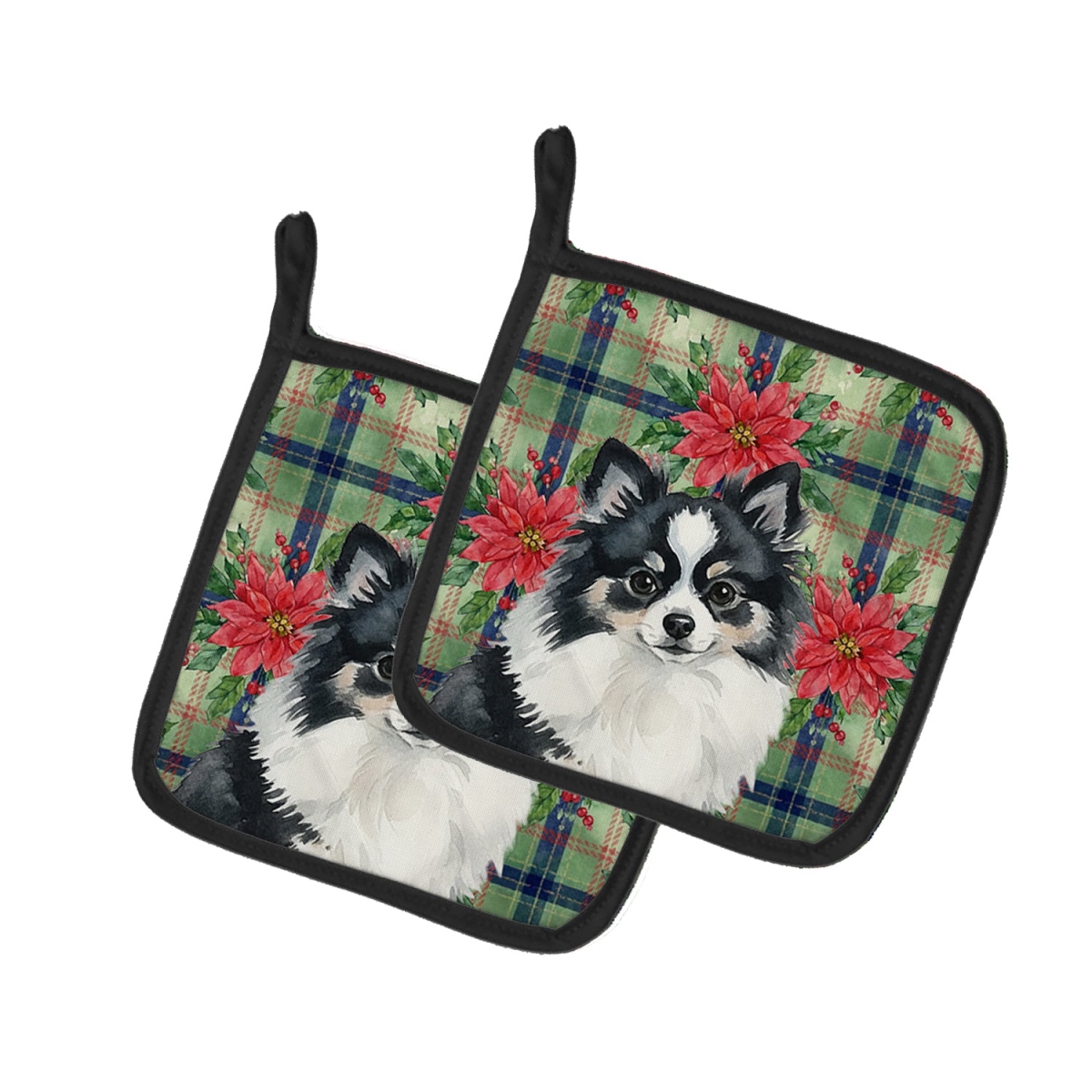 Picture of Carolines Treasures WDK8758PTHD Unisex Adult Black & White Pomeranian Christmas Poinsettias Pot Holders - 7.5 x 7.5 in. - Set of 2