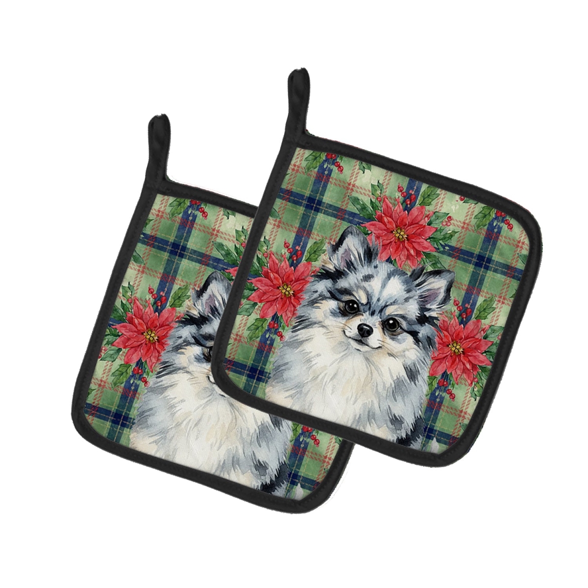 Picture of Carolines Treasures WDK8760PTHD Unisex Adult Blue Merle Pomeranian Christmas Poinsettias Pot Holders - 7.5 x 7.5 in. - Set of 2