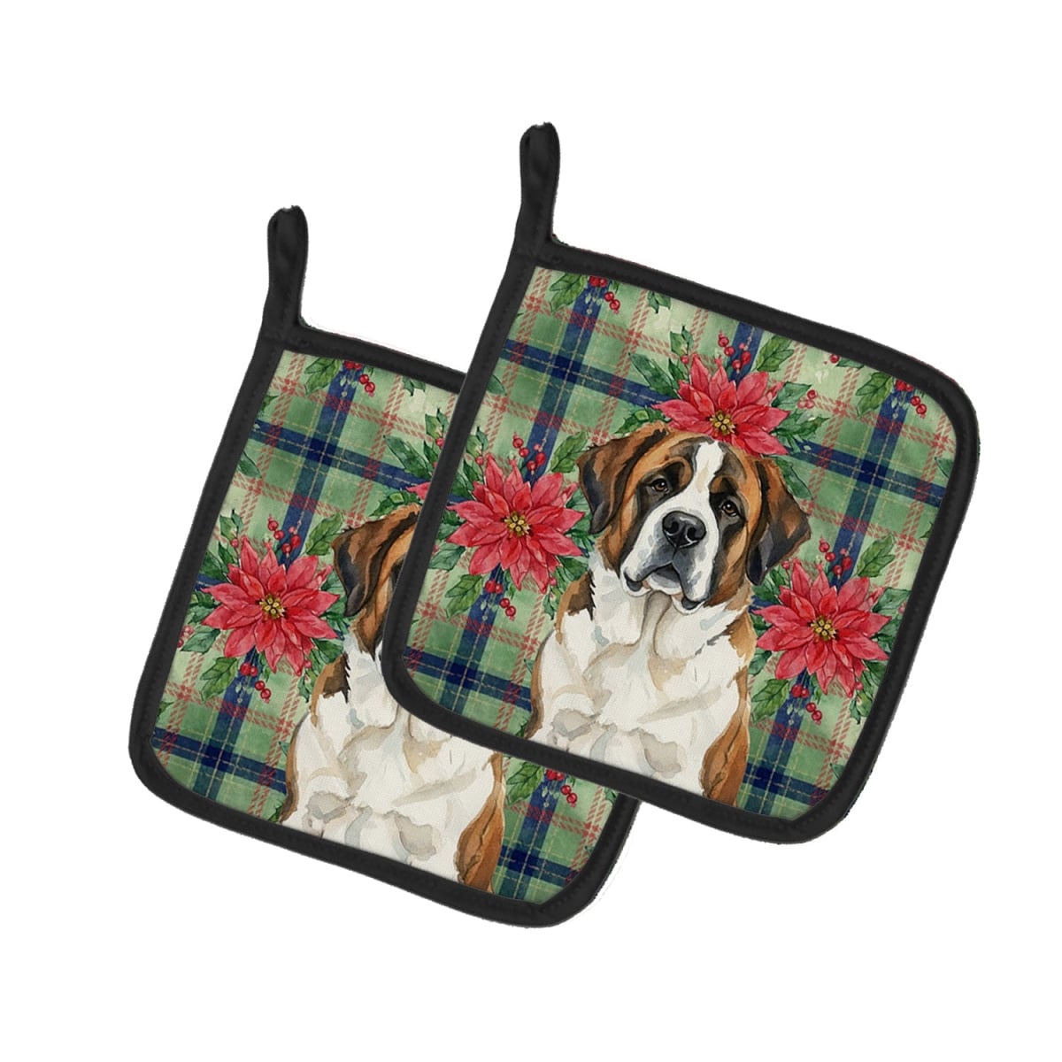 Picture of Carolines Treasures WDK8792PTHD Unisex Adult Brindle & White Saint Bernard Christmas Poinsettias Pot Holders - 7.5 x 7.5 in. - Set of 2