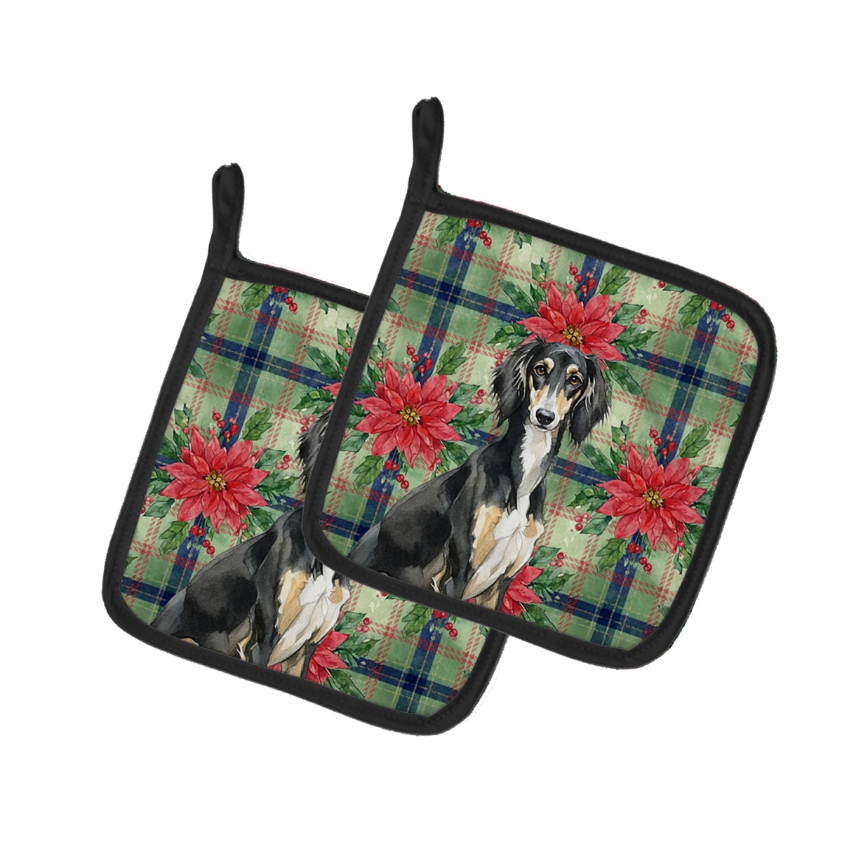 Picture of Carolines Treasures WDK8794PTHD Unisex Adult Black & Tan Saluki Christmas Poinsettias Pot Holders - 7.5 x 7.5 in. - Set of 2