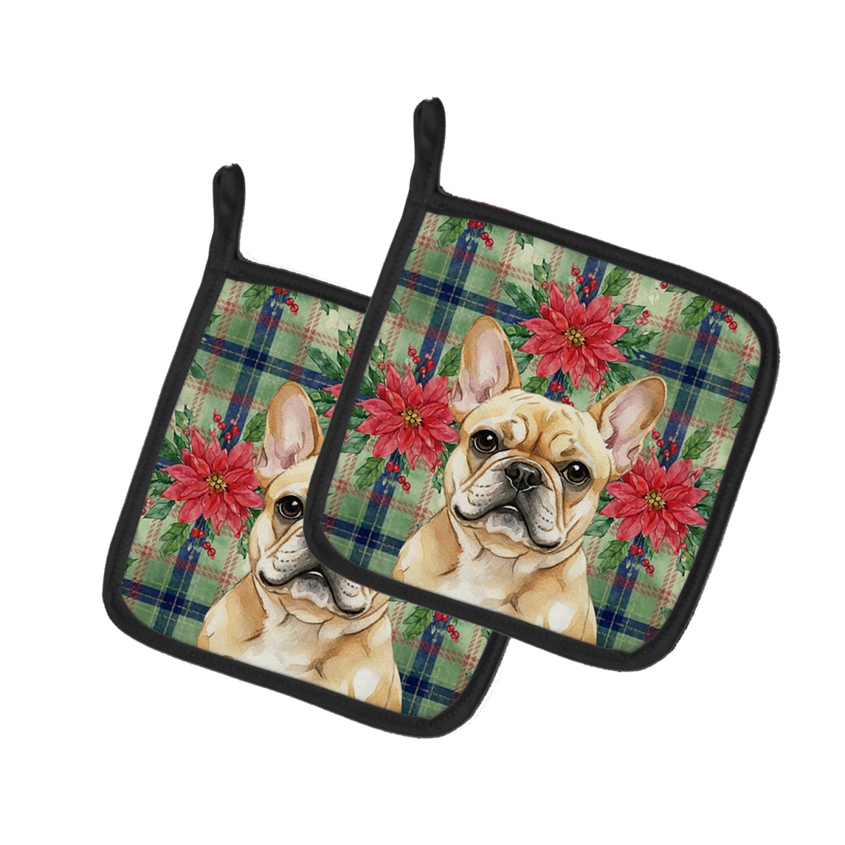 Picture of Carolines Treasures WDK8640PTHD Unisex Adult Fawn French Bulldog Christmas Poinsettias Pot Holders - 7.5 x 7.5 in. - Set of 2