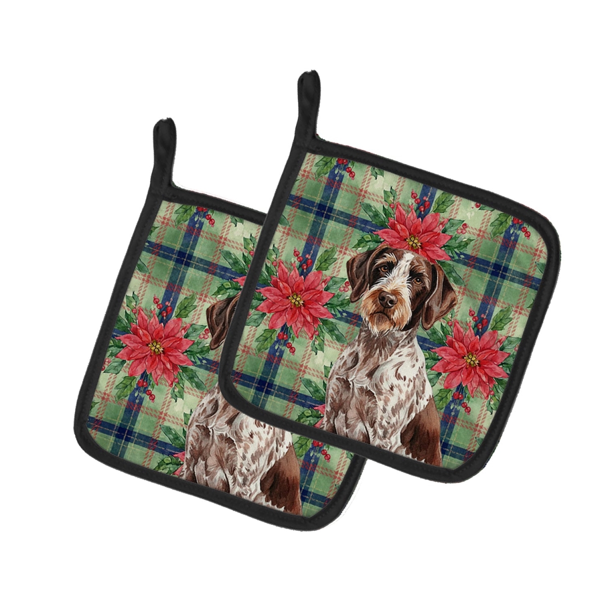 Picture of Carolines Treasures WDK8650PTHD Unisex Adult Roan German Wirehaired Pointer Christmas Poinsettias Pot Holders - 7.5 x 7.5 in. - Set of 2