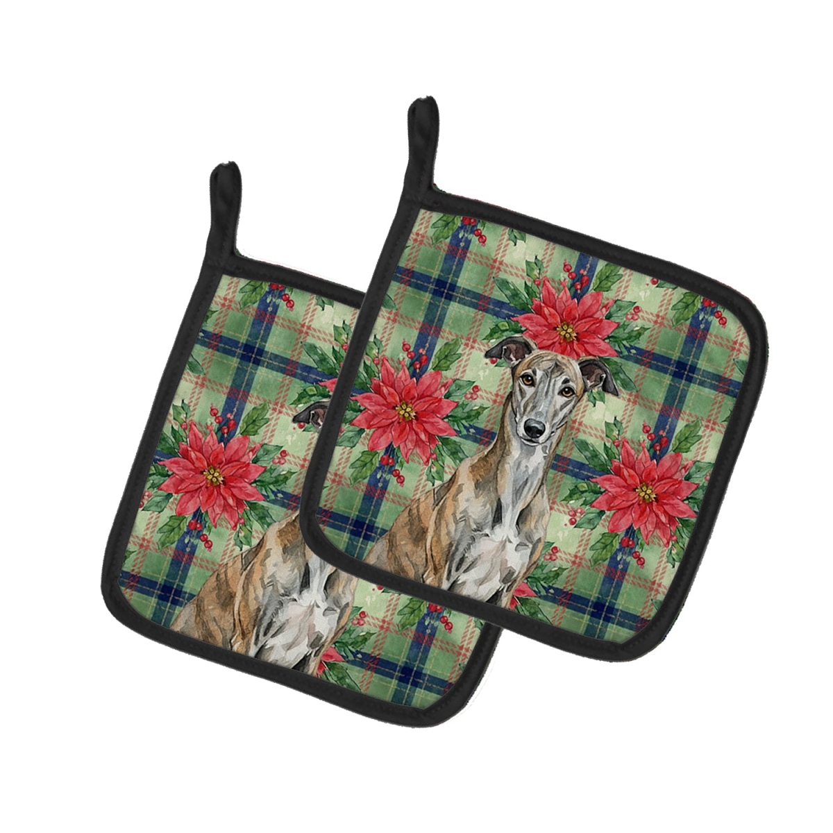 Picture of Carolines Treasures WDK8663PTHD Unisex Adult Brindle Greyhound Christmas Poinsettias Pot Holders - 7.5 x 7.5 in. - Set of 2