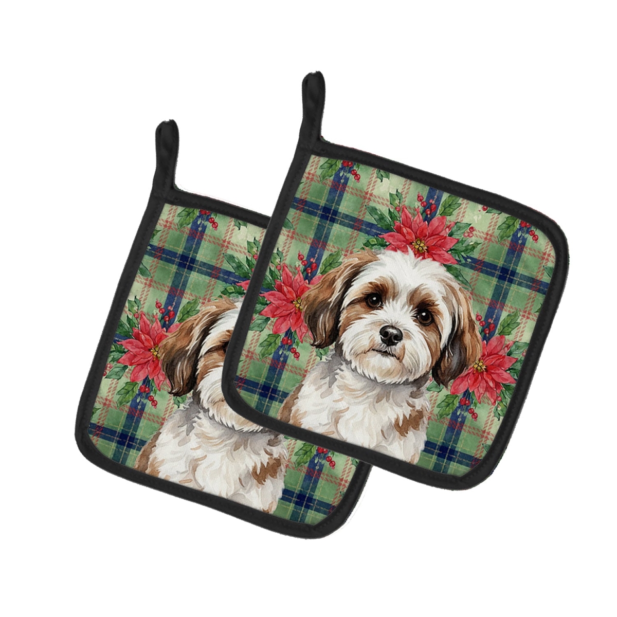 Picture of Carolines Treasures WDK8668PTHD Unisex Adult Parti-color Havanese Christmas Poinsettias Pot Holders - 7.5 x 7.5 in. - Set of 2