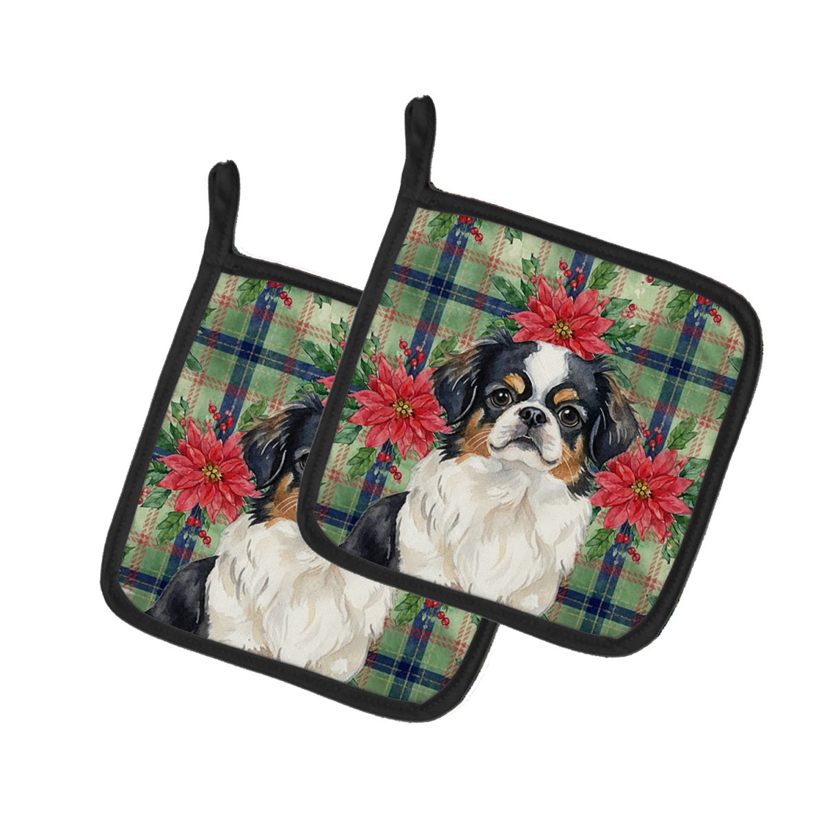 Picture of Carolines Treasures WDK8687PTHD Unisex Adult Tricolor Japanese Chin Christmas Poinsettias Pot Holders - 7.5 x 7.5 in. - Set of 2